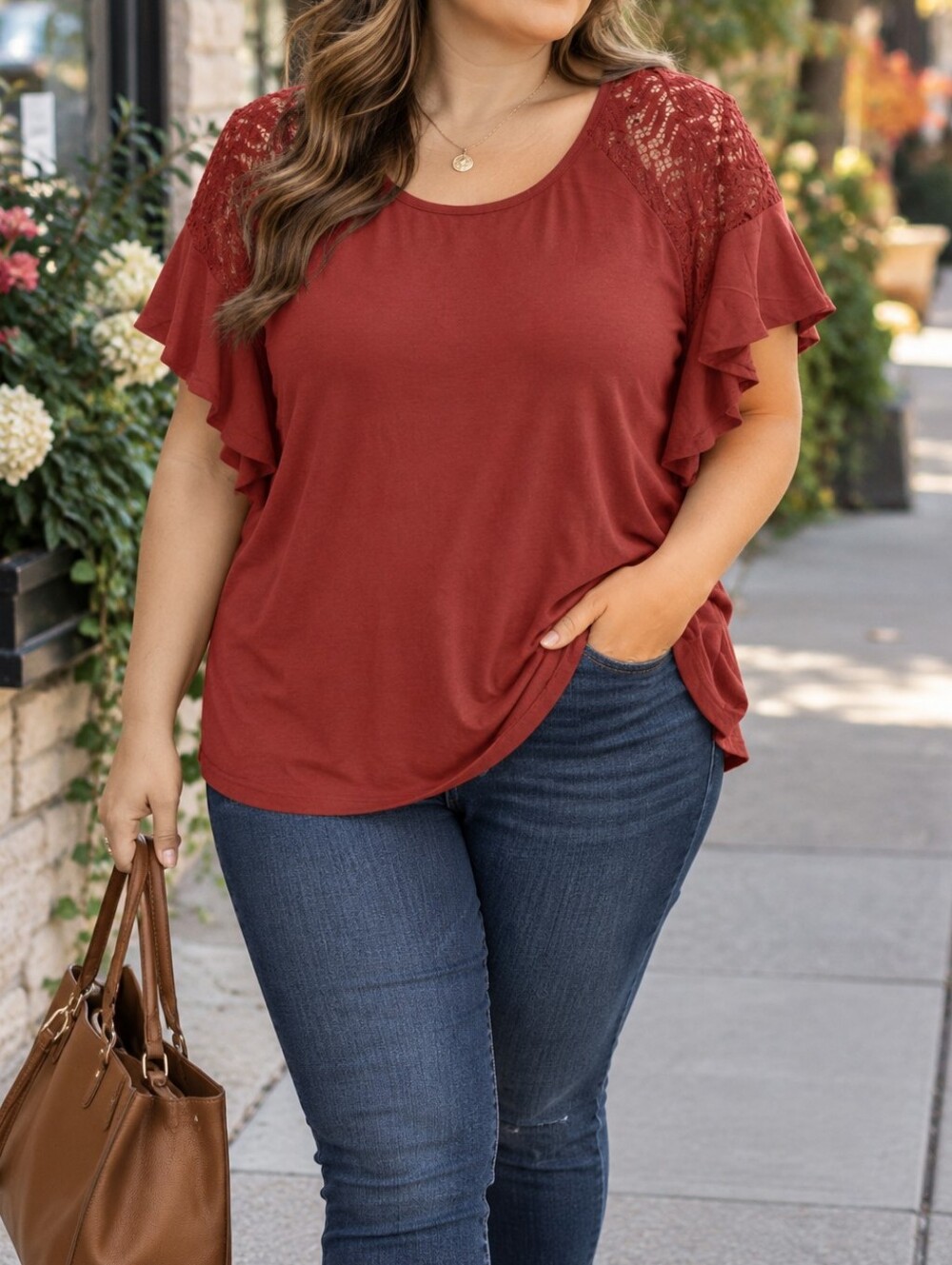 Love & Legend Plus Size Brick Red Lace Ruffle Sleeve Stretch Tee Blouse Casual